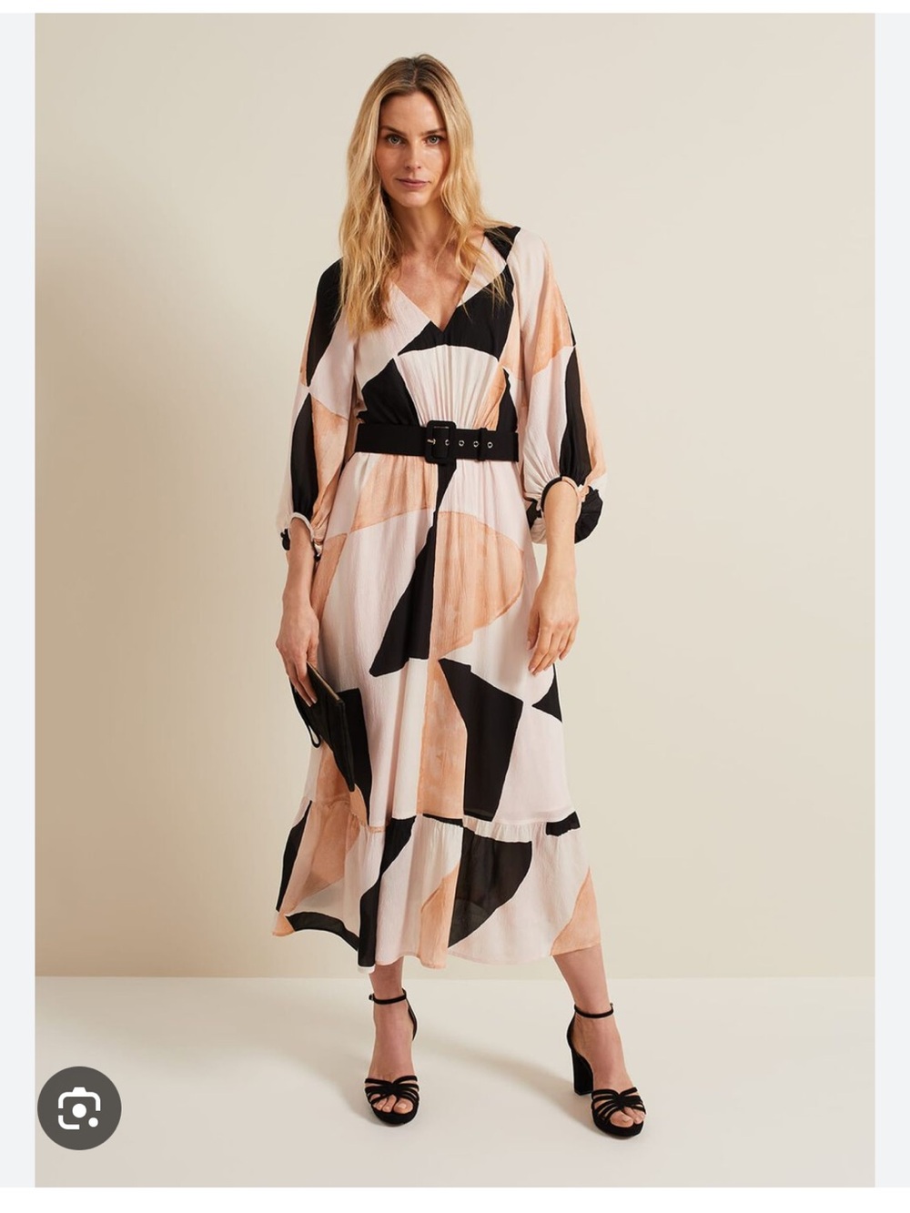 Patterned V-Neck Belted Midi Dress in Pink, Gold & Black by Frame Eight
